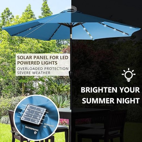 Sun-Ray 9ft Round Solar Lighted Umbrella with Base, 8Rib - Teal Sun-Ray 9ft Round Solar Lighted Umbrella with Base, 8Rib - Teal