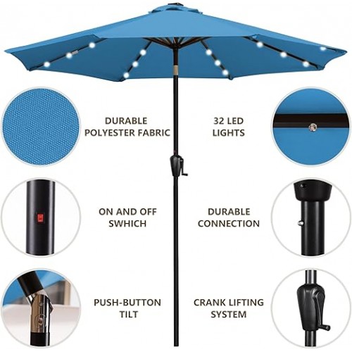 Sun-Ray 9ft Round Solar Lighted Umbrella with Base, 8Rib - Teal Sun-Ray 9ft Round Solar Lighted Umbrella with Base, 8Rib - Teal