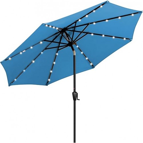 Sun-Ray 9ft Round Solar Lighted Umbrella with Base, 8Rib - Teal Sun-Ray 9ft Round Solar Lighted Umbrella with Base, 8Rib - Teal