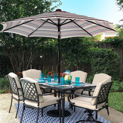 Sun-Ray 9ft Round Solar Lighted Umbrella with Base, 8Rib - Scarlet Striped