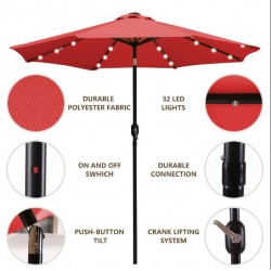 Sun-Ray 9ft Round Solar Lighted Umbrella with Base, 8Rib- Scarlet