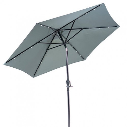 Sun-Ray 9ft Round Solar Lighted Umbrella with Base, 6Rib - Grey
