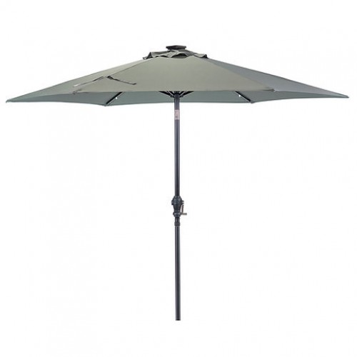 Sun-Ray 9ft Round Solar Lighted Umbrella with Base, 6Rib - Grey