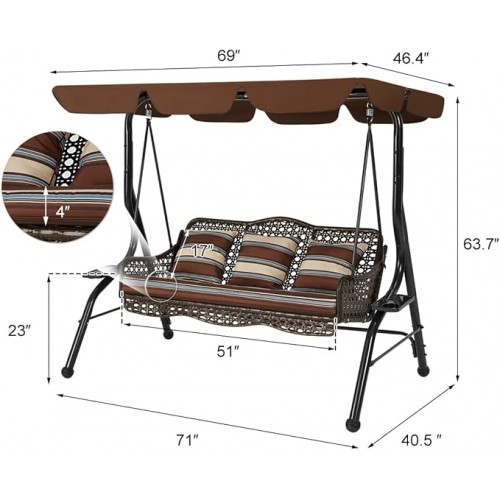 Wicker 3 Seater Swing with Cupholder