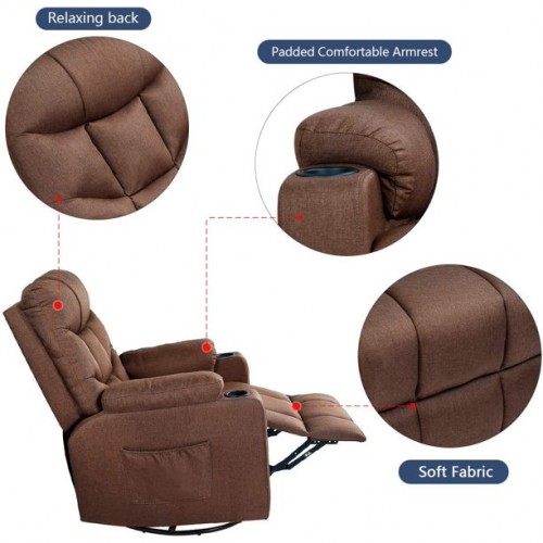 Swivel Rocker Recliner with 8 Point Heat Massage & Cupholders- Brown