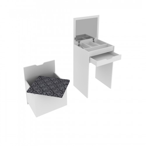 Dressing Table With Grey Fabric Seat & Lift Up Mirror