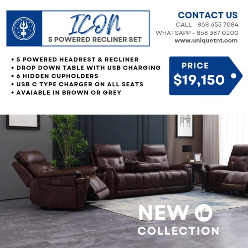 Icon 3pc 5 Powered Recliner Living Room Suite- Brown